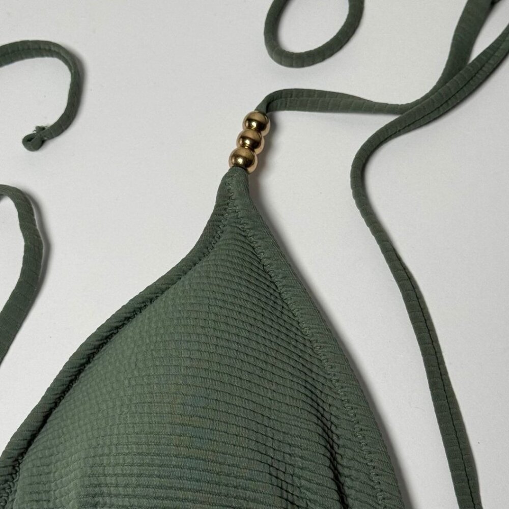 NWT Aerie Ribbed String Triangle Bikini Set Olive Green Medium Bathing Suit Boho - Picture 2 of 8